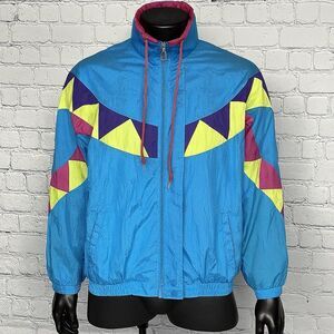 Vintage 80’s Y2K Jacket Men Large Neon Windbreaker Geometric Retro Track Coat